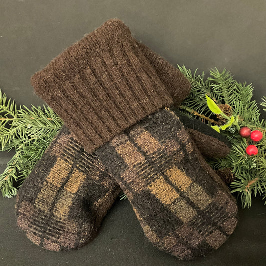 “Upcycled" Sweater Mittens Brown & Black Plaid