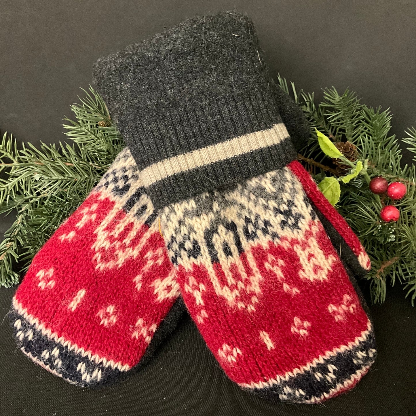 “Upcycled" Sweater Mittens Red, Charcoal & Black w Bold Pattern