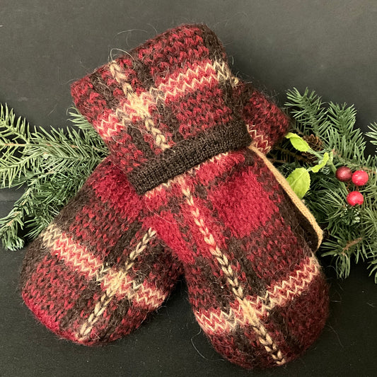 “Upcycled" Sweater Mittens w Red & Black Plaid Pattern