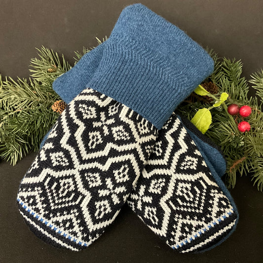 “Upcycled" Sweater Mittens Blue & Black Icelandic Pattern