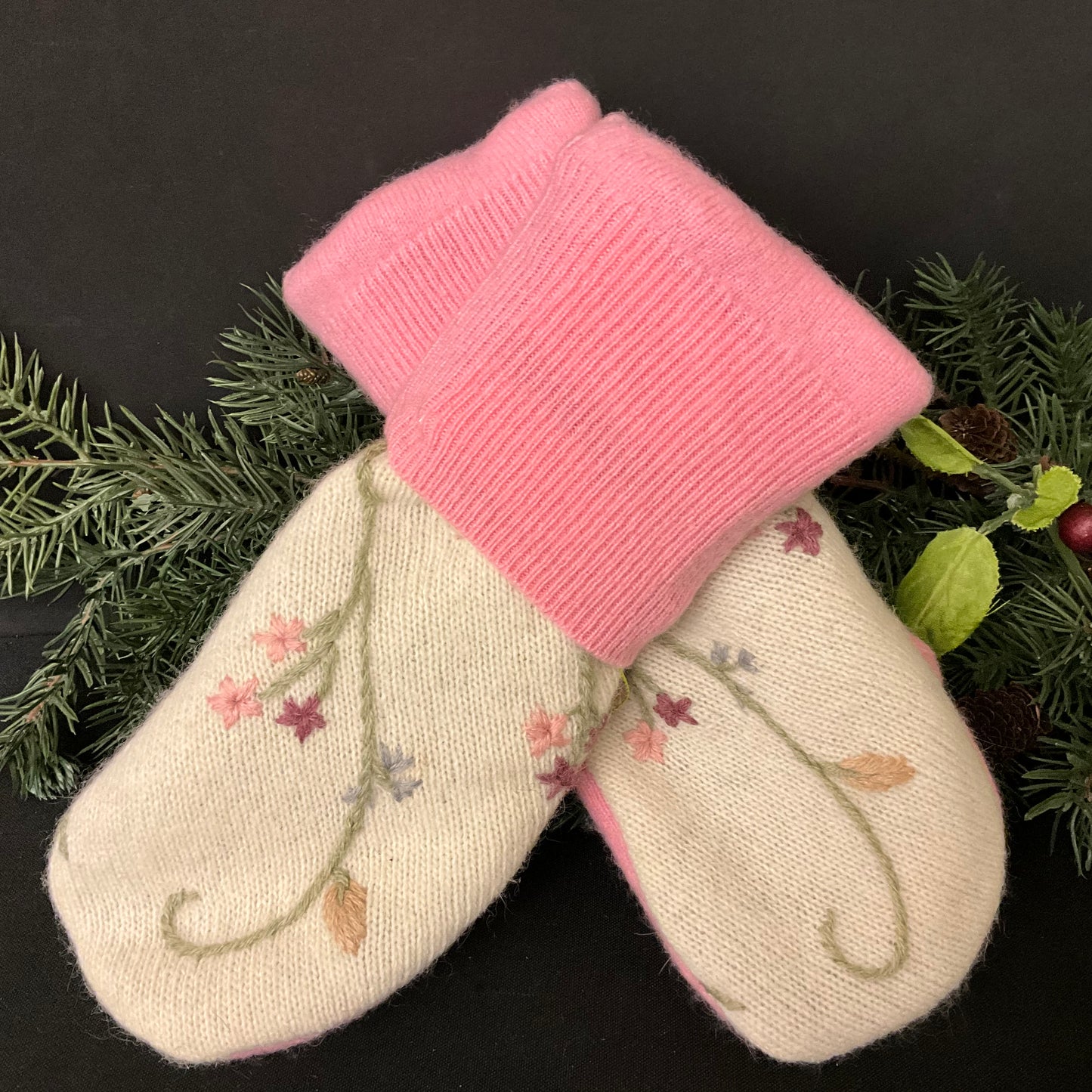 “Upcycled" Sweater Mittens with Embroidered Floral Pattern, Pink Cuff