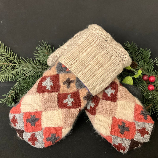“Upcycled" Sweater Mittens w Chunky Multi-Color Weave Pattern