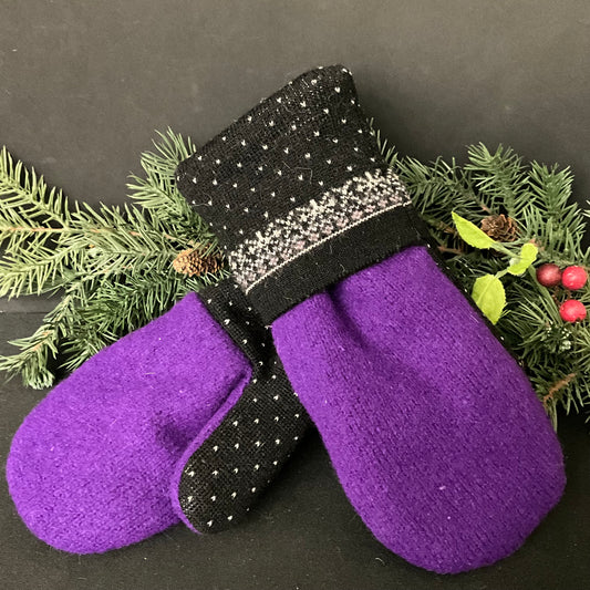 “Upcycled" Sweater Mittens Purple with Black Petite Pattern Cuff
