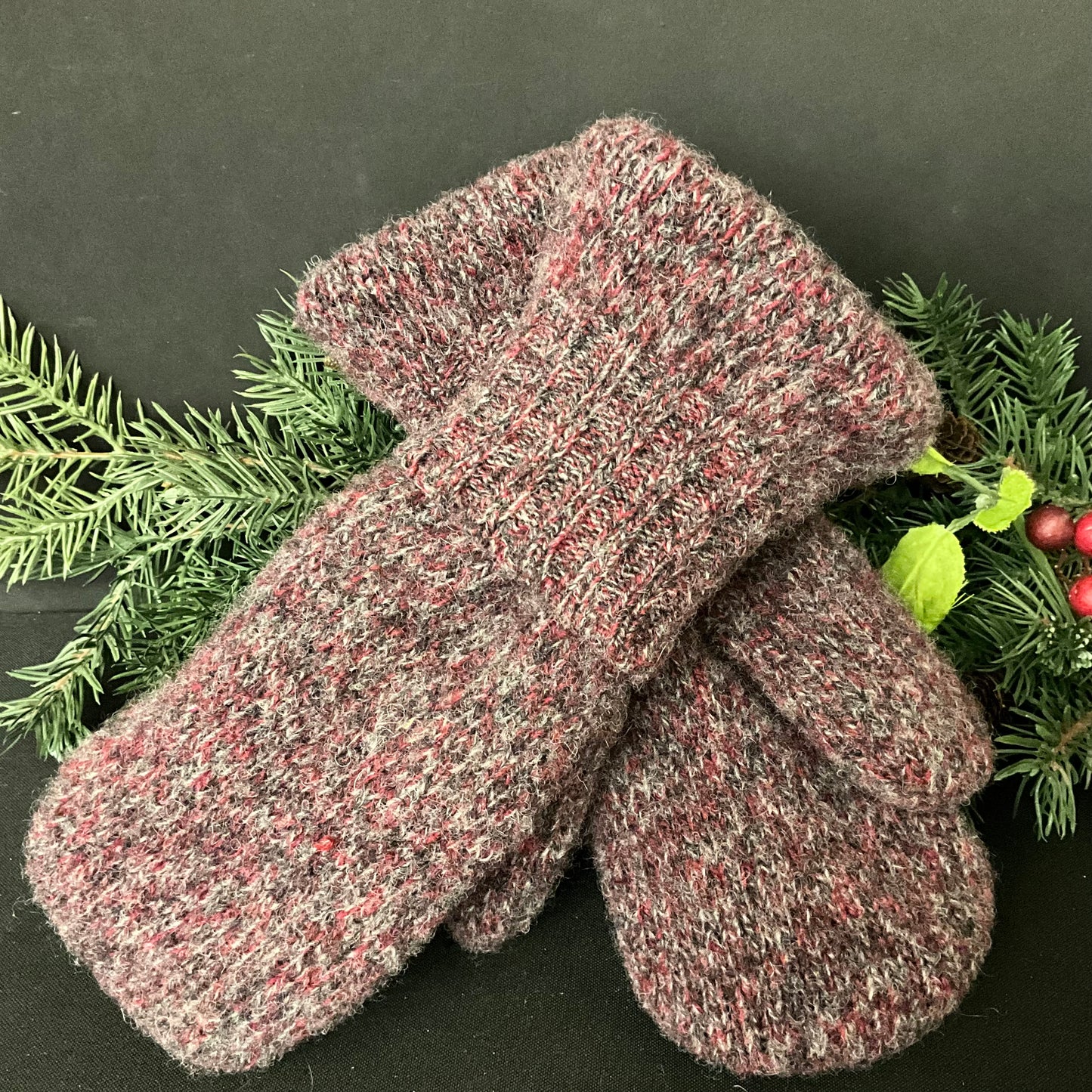 “Upcycled" Sweater Mittens Dark Red Heather with Matching Cuff