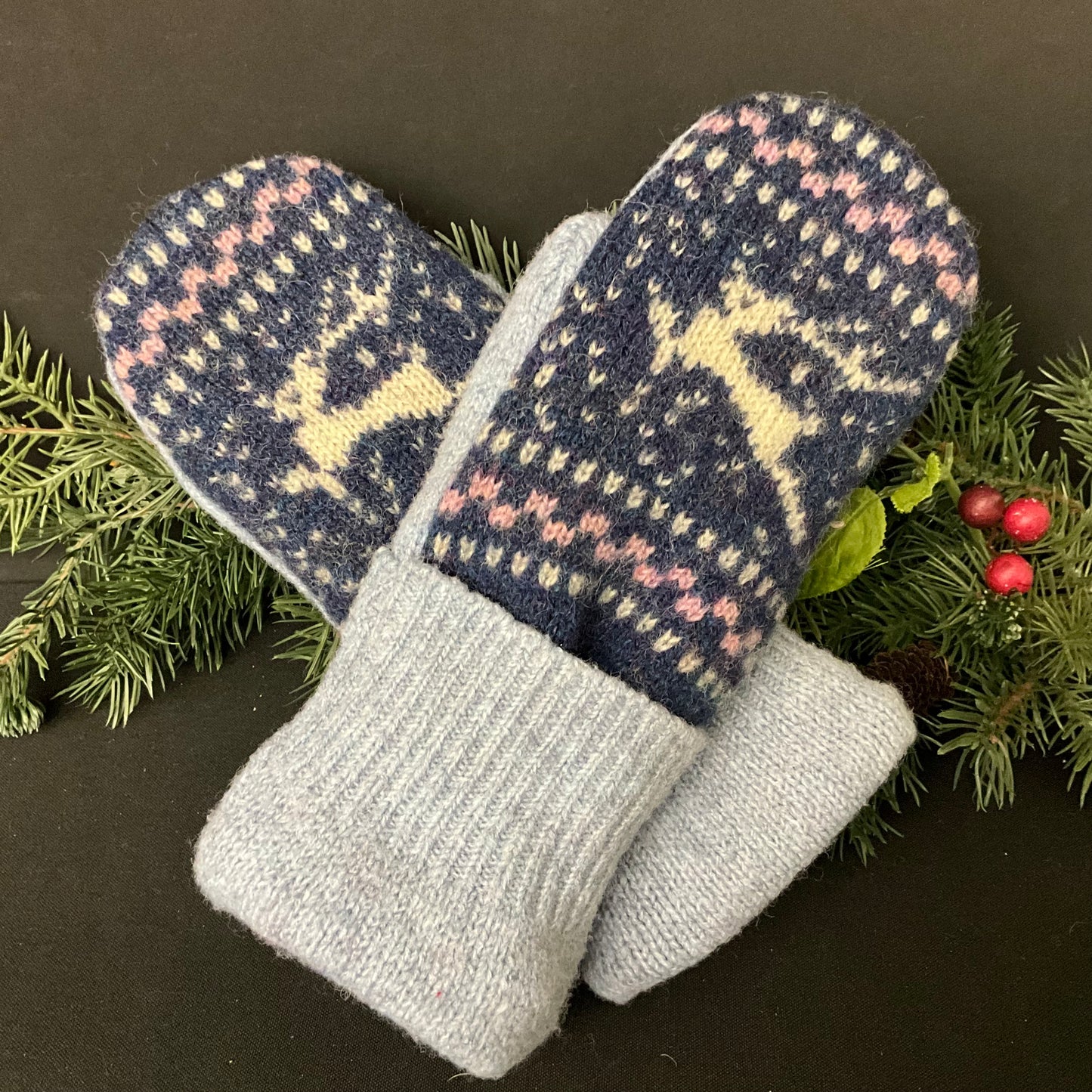 “Upcycled" Sweater Mittens in Blues with Reindeer Pattern