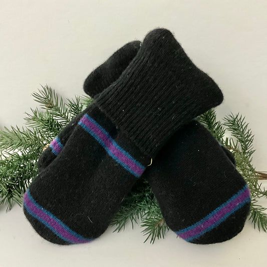 “Upcycled" Sweater Mittens Black with Cranberry & Blue Stripes