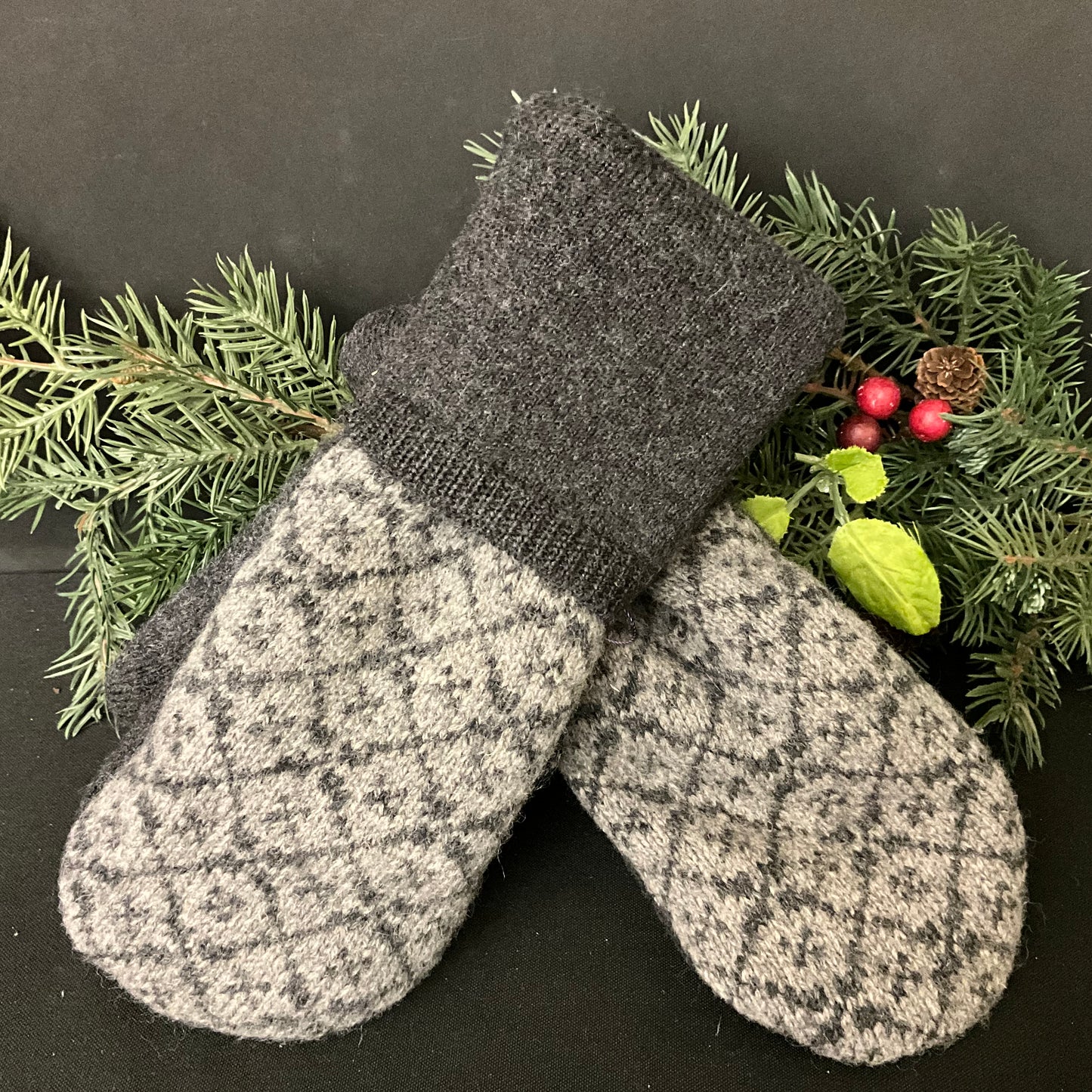 “Upcycled" Sweater Mittens in Charcoal and Gray Nordic Pattern