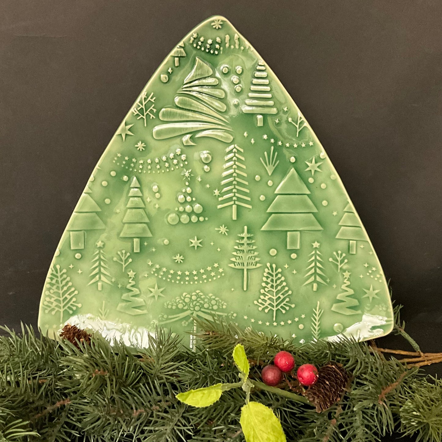 Large Green Christmas Plate w Embossed Tree  Design