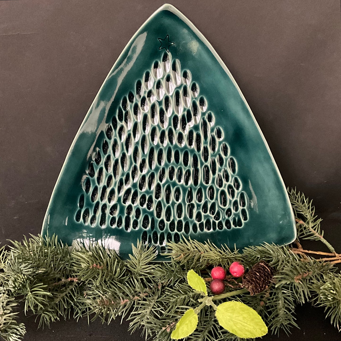 Large Green Christmas Plate Incised Tree Dark Evergreen