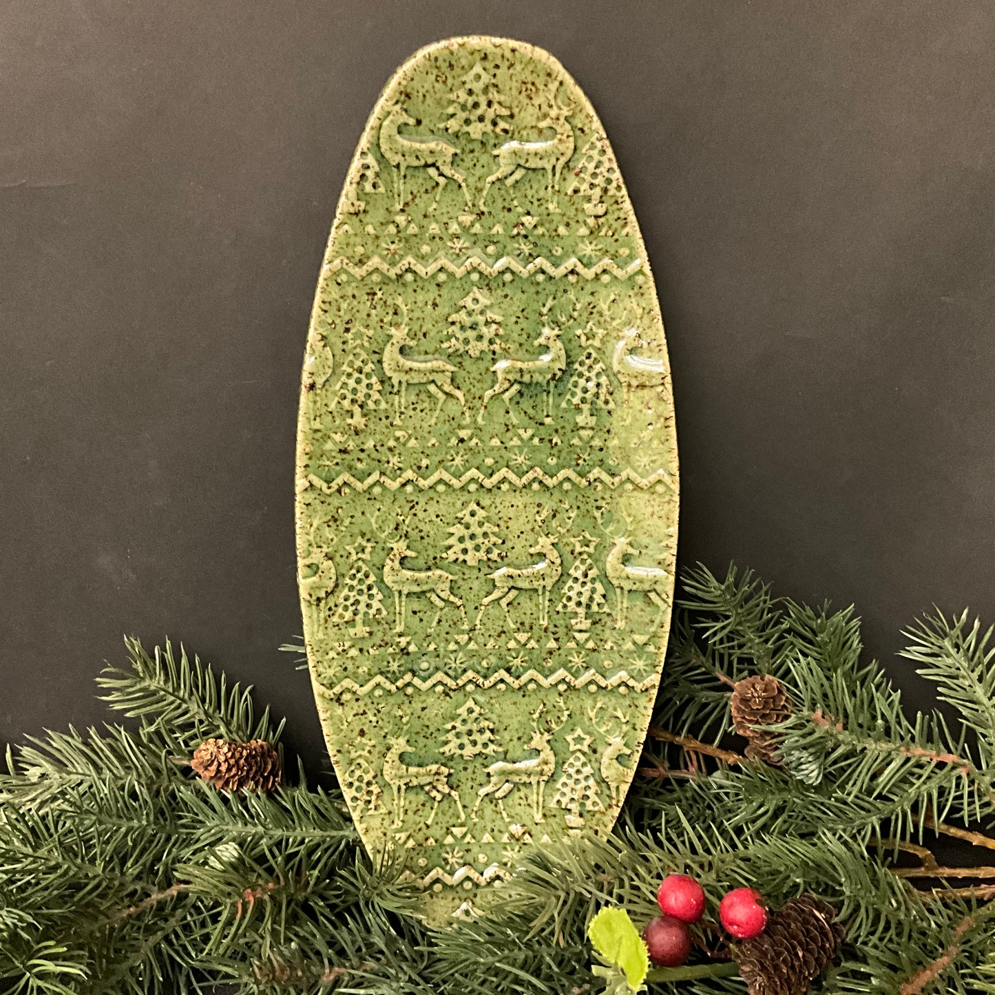 Green Oval Christmas Tray with Deer