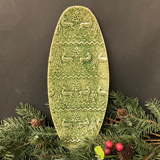 Green Oval Christmas Tray with Deer