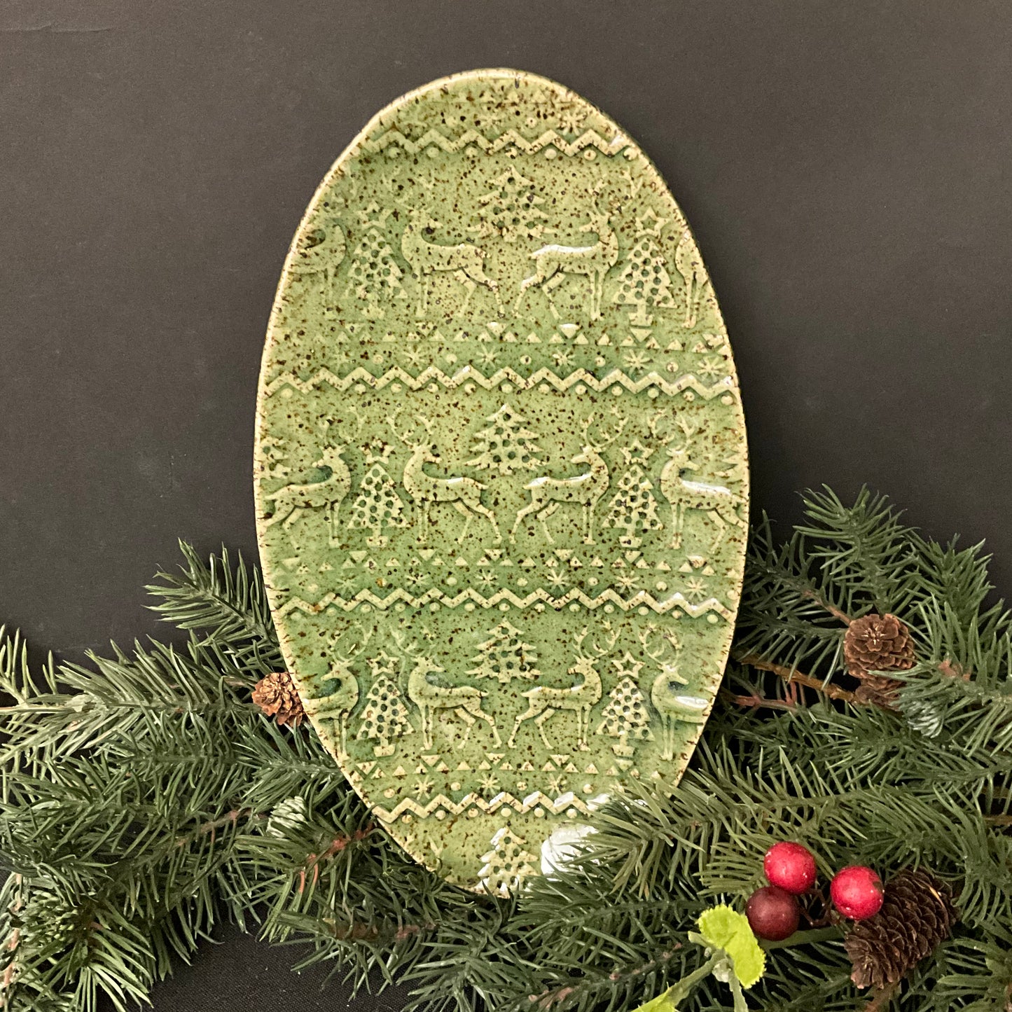 Green Oval Christmas Tray with Deer