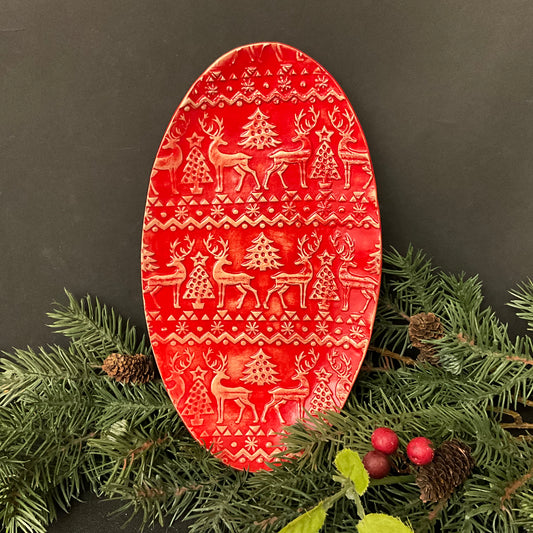 Oval Christmas Tray Red with Deer