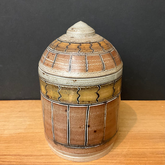 Stoneware Domed Jar Gray & Warm Brown & “Gold”