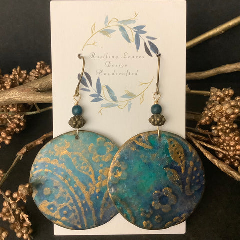 Disc Earrings Teal with Gold Details