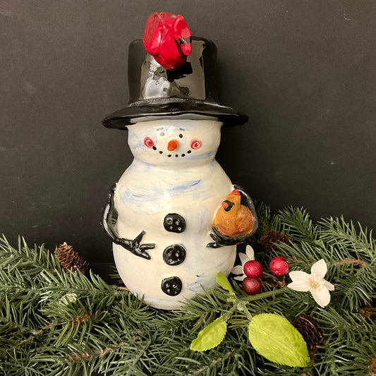 Large Ceramic Snowman Figurine with Cardinal Pair