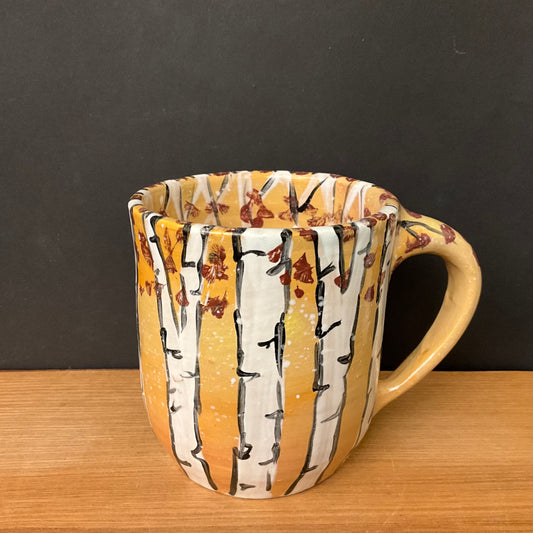 Mug with Fall Birch Trees on Golden Background