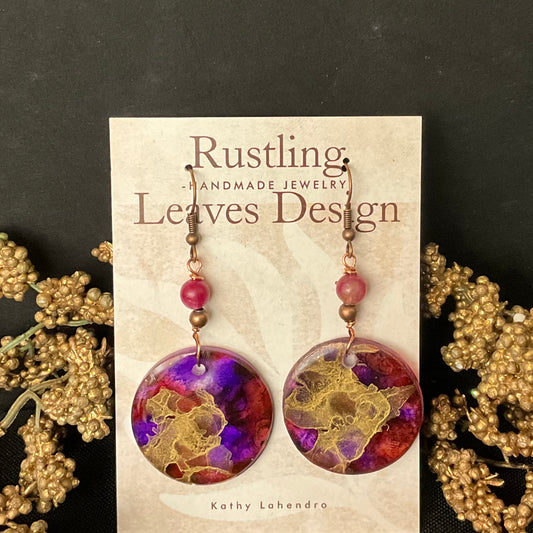 Resin Disc Earrings Purple & Gold with Bead