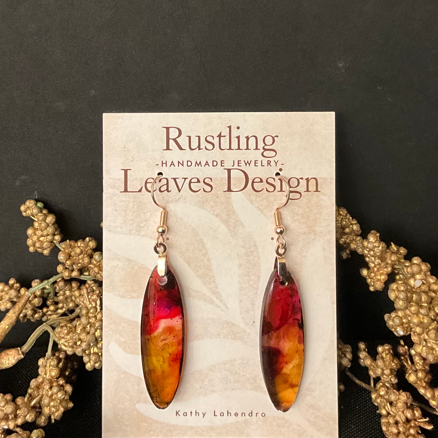 Elongated Resin Oval Earrings Pink/Red & Amber