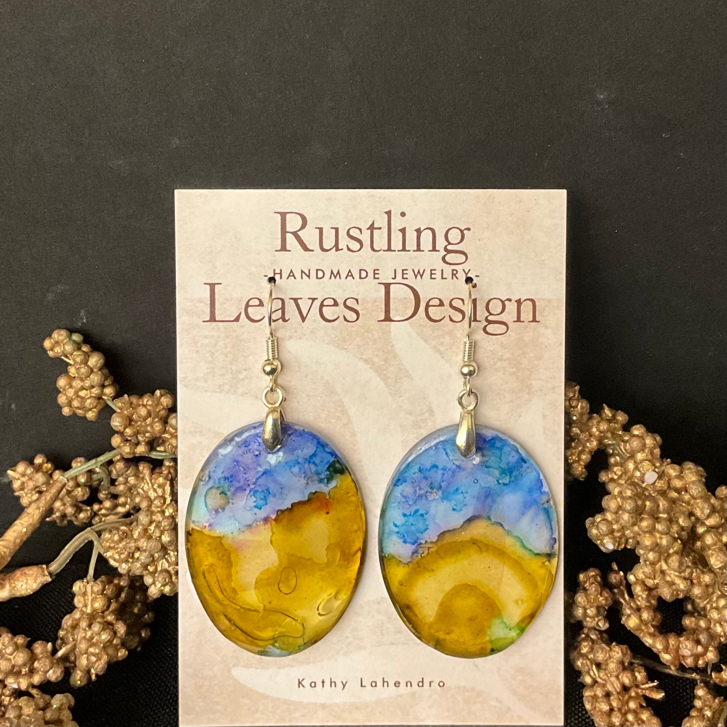 Large Resin Oval Earrings Blues & Golden Yellow