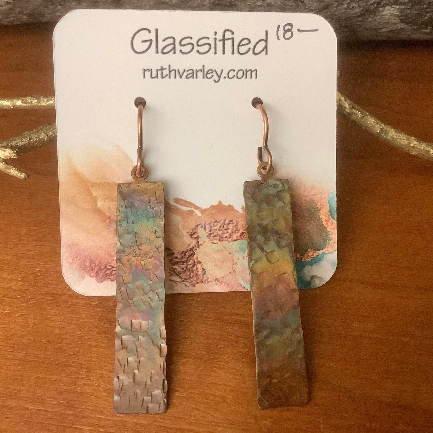 Flame Copper Hammered Rectangle Earrings, Ruth Varley, Ogdensburg, NY