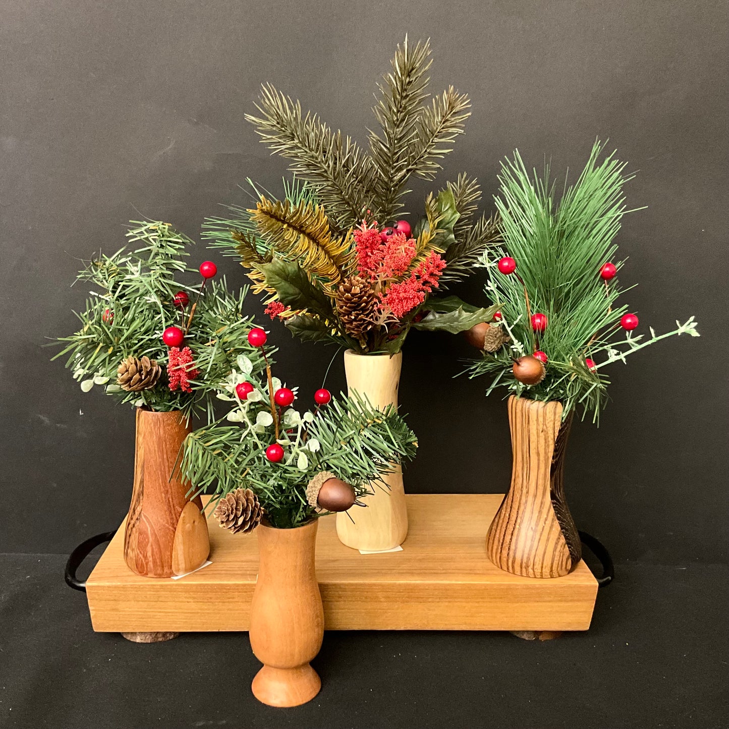 Turned Wood Bud Vase with Christmas Greenery