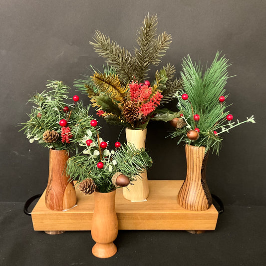 Turned Wood Bud Vase with Christmas Greenery