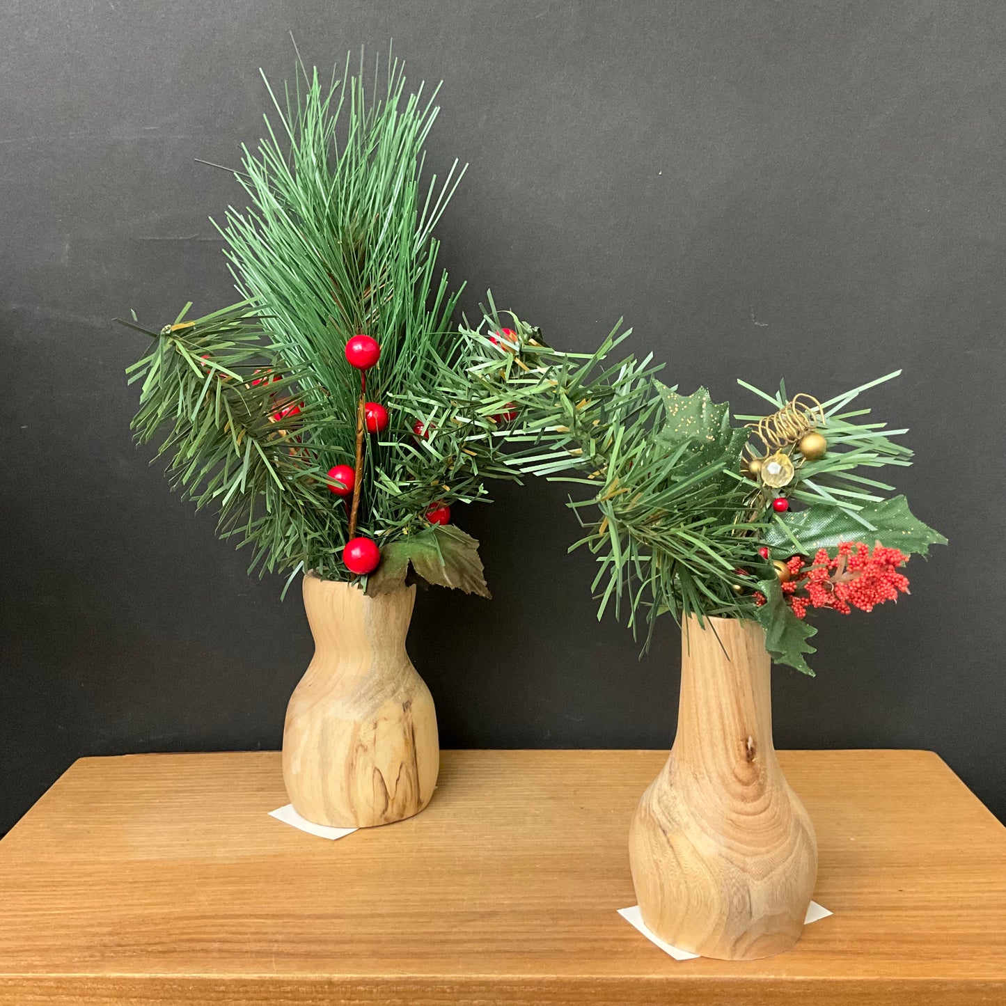 Small Turned Wood Bud Vase with Christmas Greenery