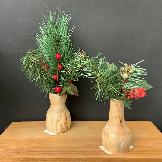 Small Turned Wood Bud Vase with Christmas Greenery