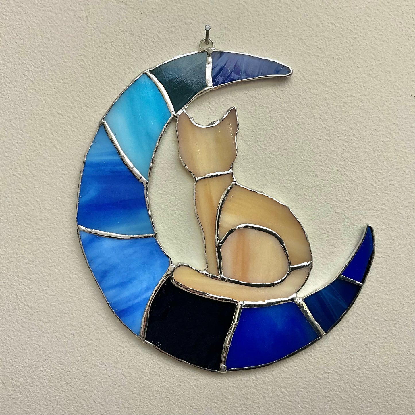 Stained Glass Cat in the Crescent Moon