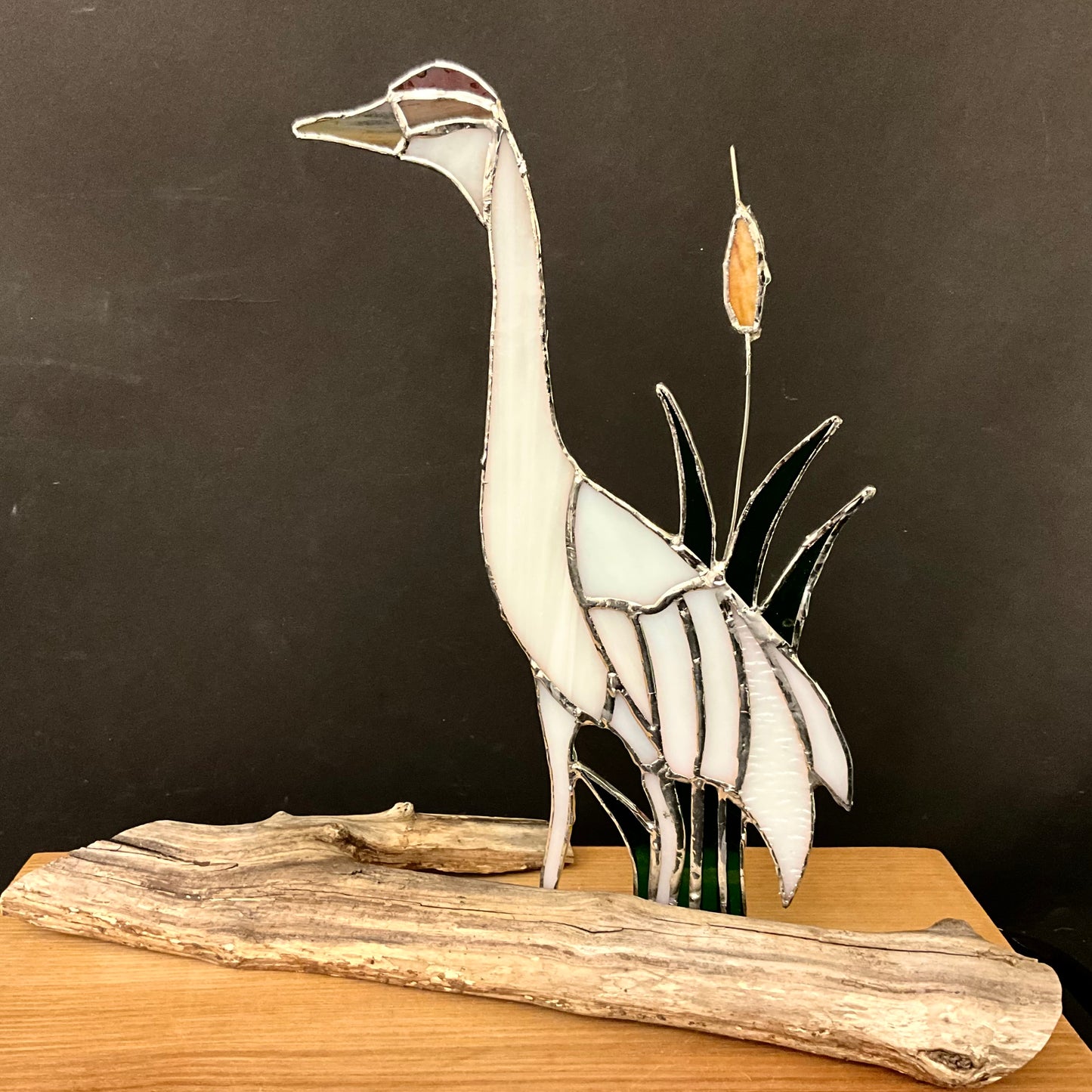 Stained Glass Sand Hill Crane on Driftwood