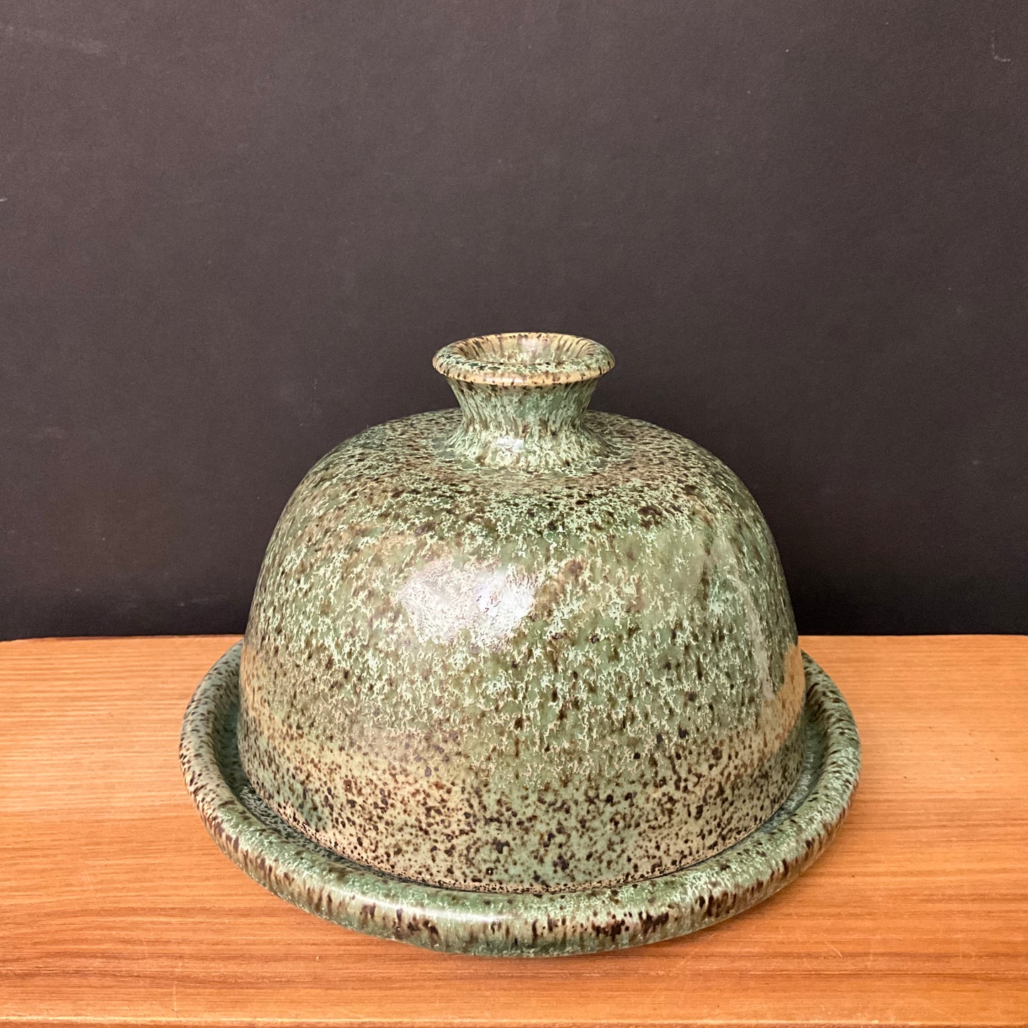 Butter/cheese Dish in Green Speckled Glaze