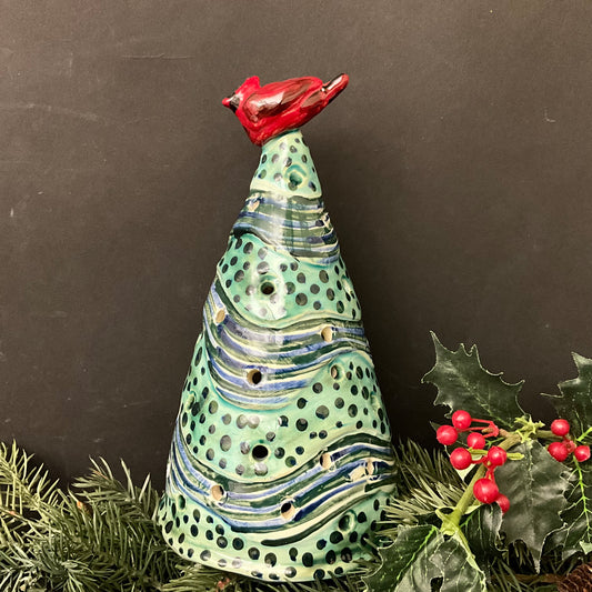 Blue Green Ceramic Luminaria with Cardinal
