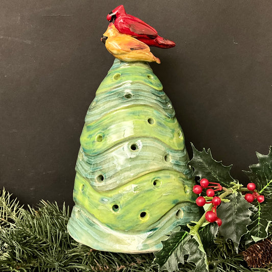 Large Green Ceramic Tree Luminaria with Cardinal Pair
