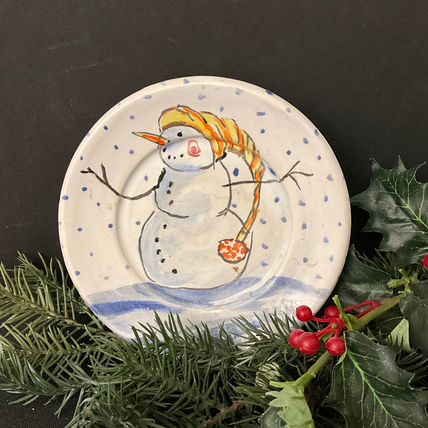 Mini White Plate Snowman w Long Stocking Cap