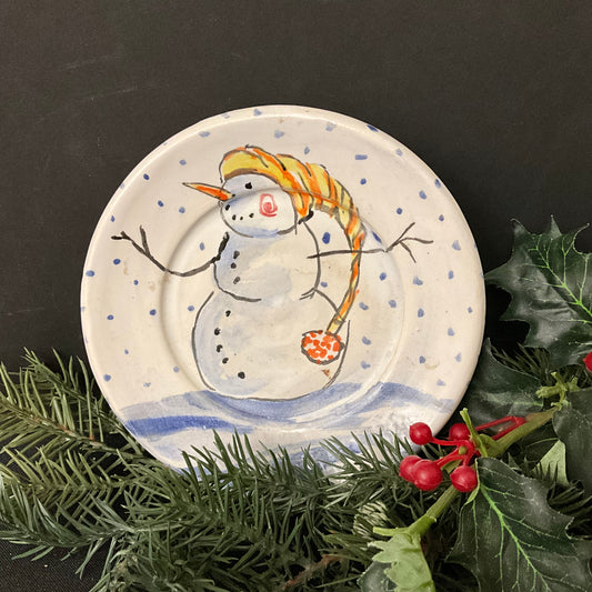 Mini White Plate Snowman w Long Stocking Cap