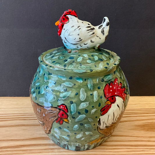Lidded Jar Green with Roosters, Hens and Hen Finial