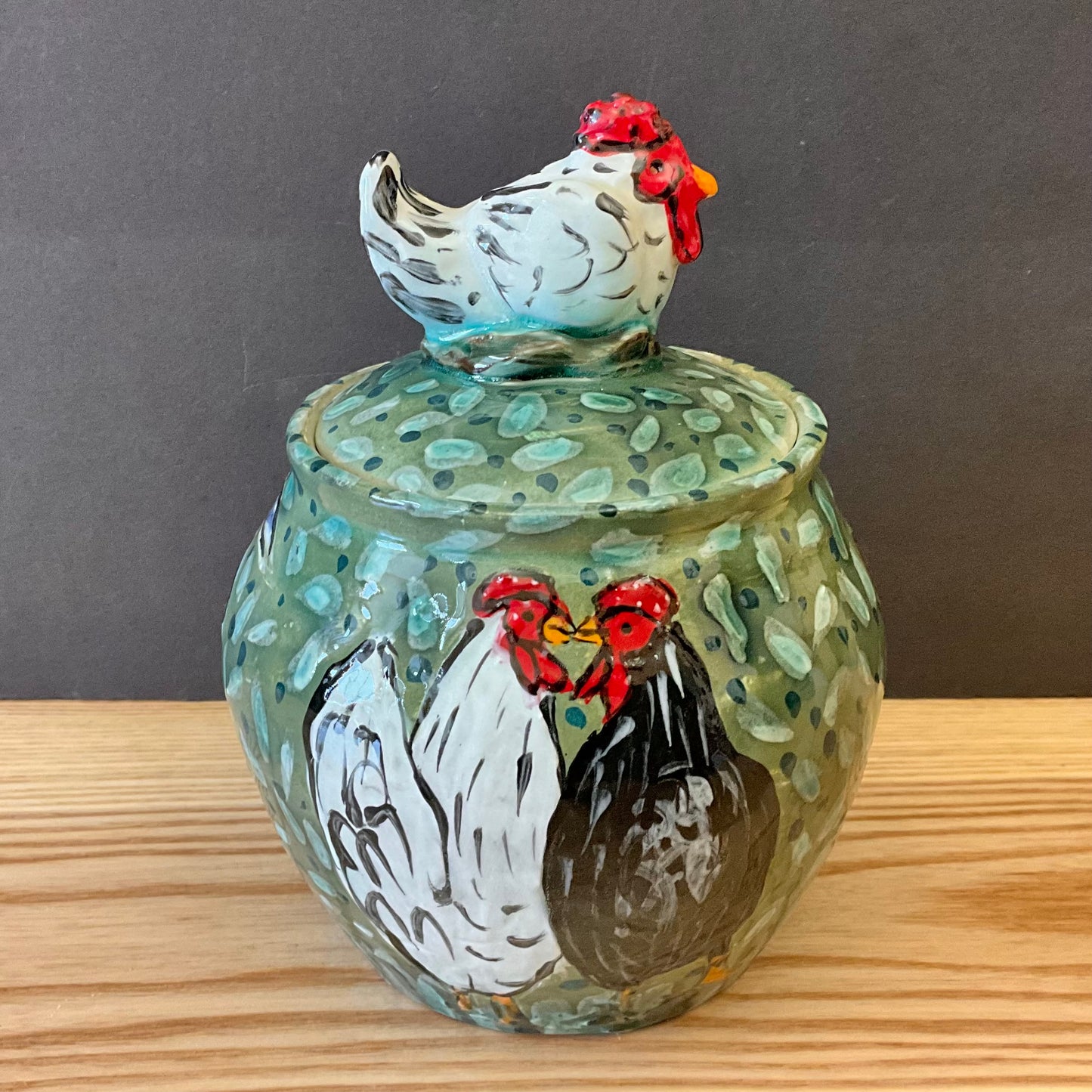 Lidded Jar Green with Roosters, Hens and Hen Finial
