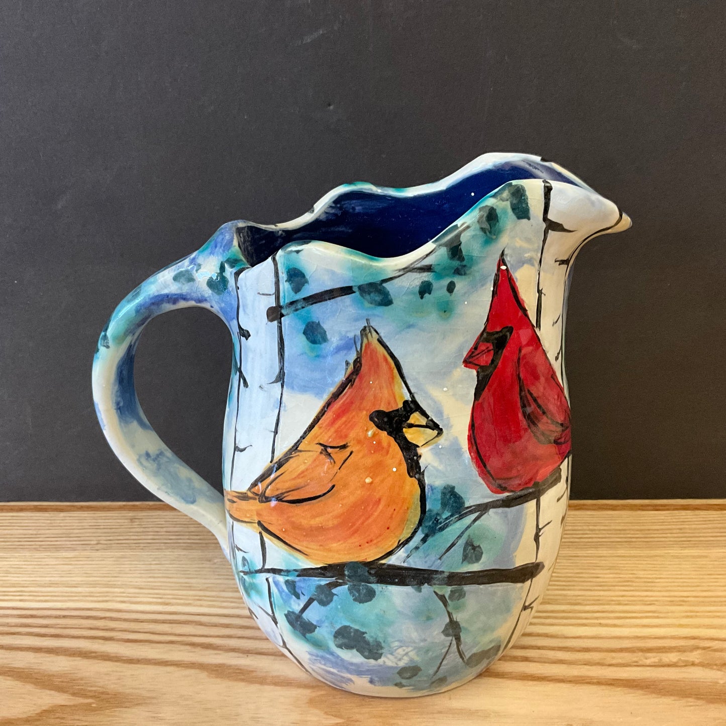 Pitcher with Cardinals & Birches on Blue