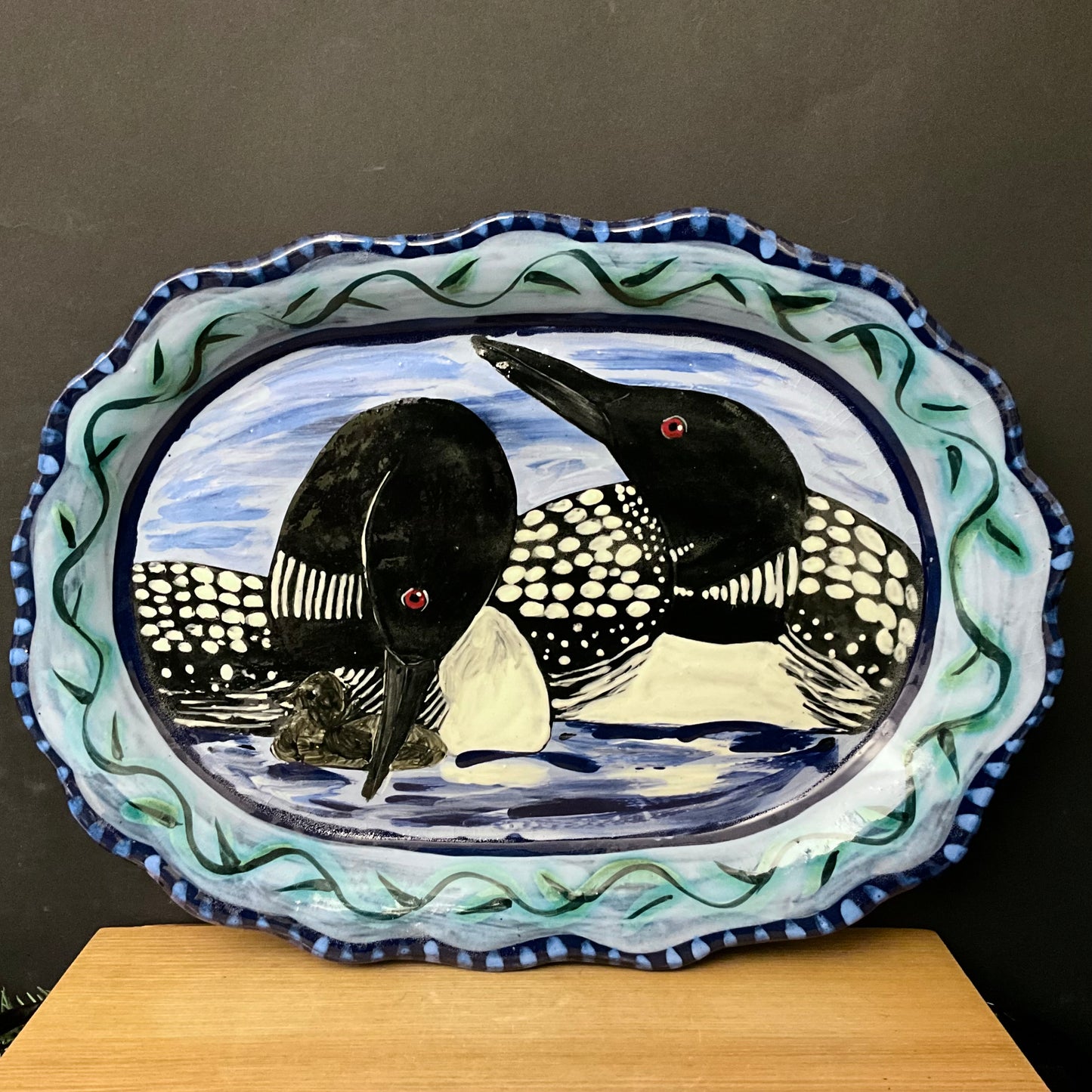Oval Blue Plate with Loons and Chick