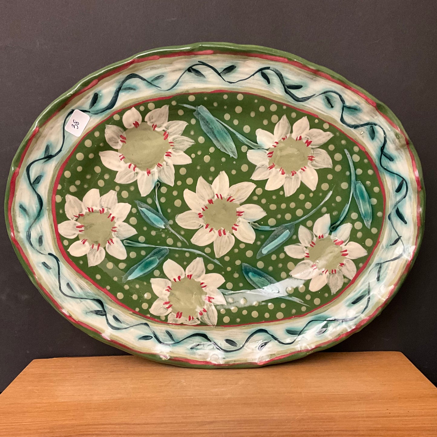 Oval Fluted Platter Green with White Daisies