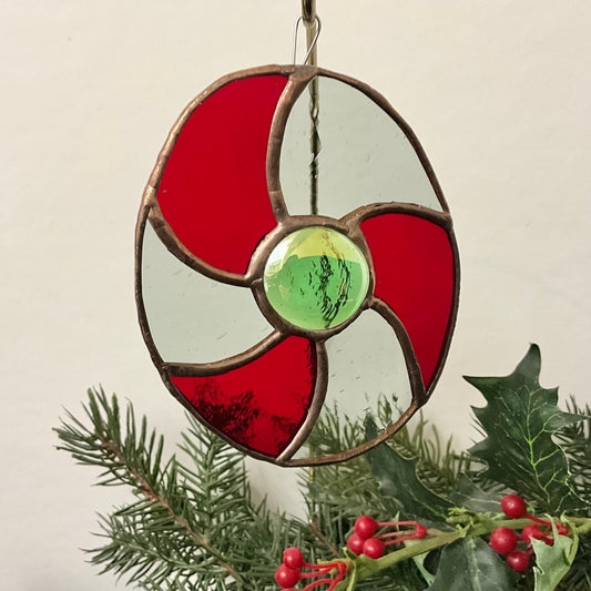 Stained Glass Green and Red Swirl Ornament