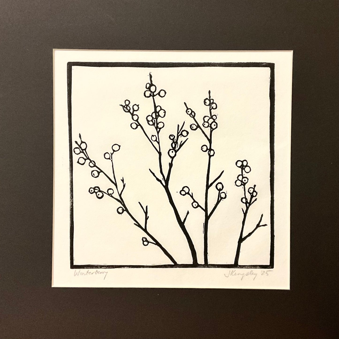 “Winterberries” Black & White Rubber Block Print with Mat