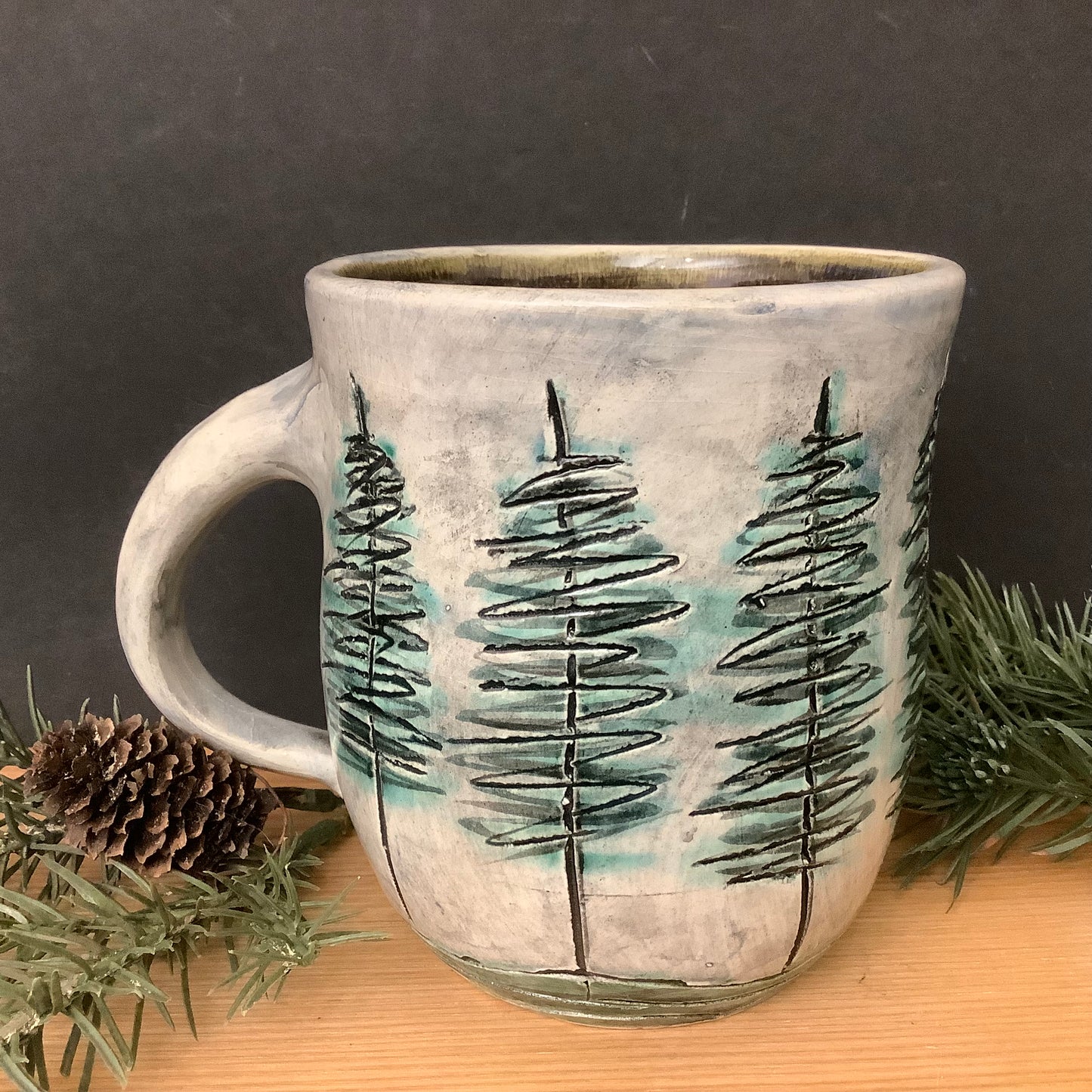 Mug Carved Trees on Blue Gray
