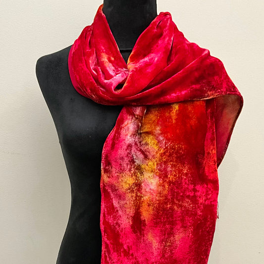 Ice Dyed Silk Velvet Scarf Cinnabar , small with fringe