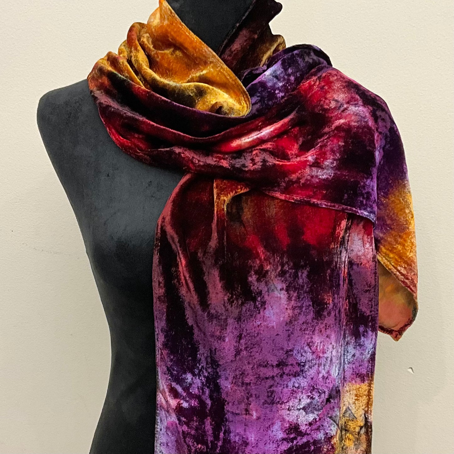 Ice Dyed Silk Velvet Scarf -Adirondack Sunset colorway, small no fringe