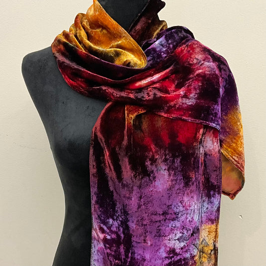 Ice Dyed Silk Velvet Scarf -Adirondack Sunset colorway, small no fringe