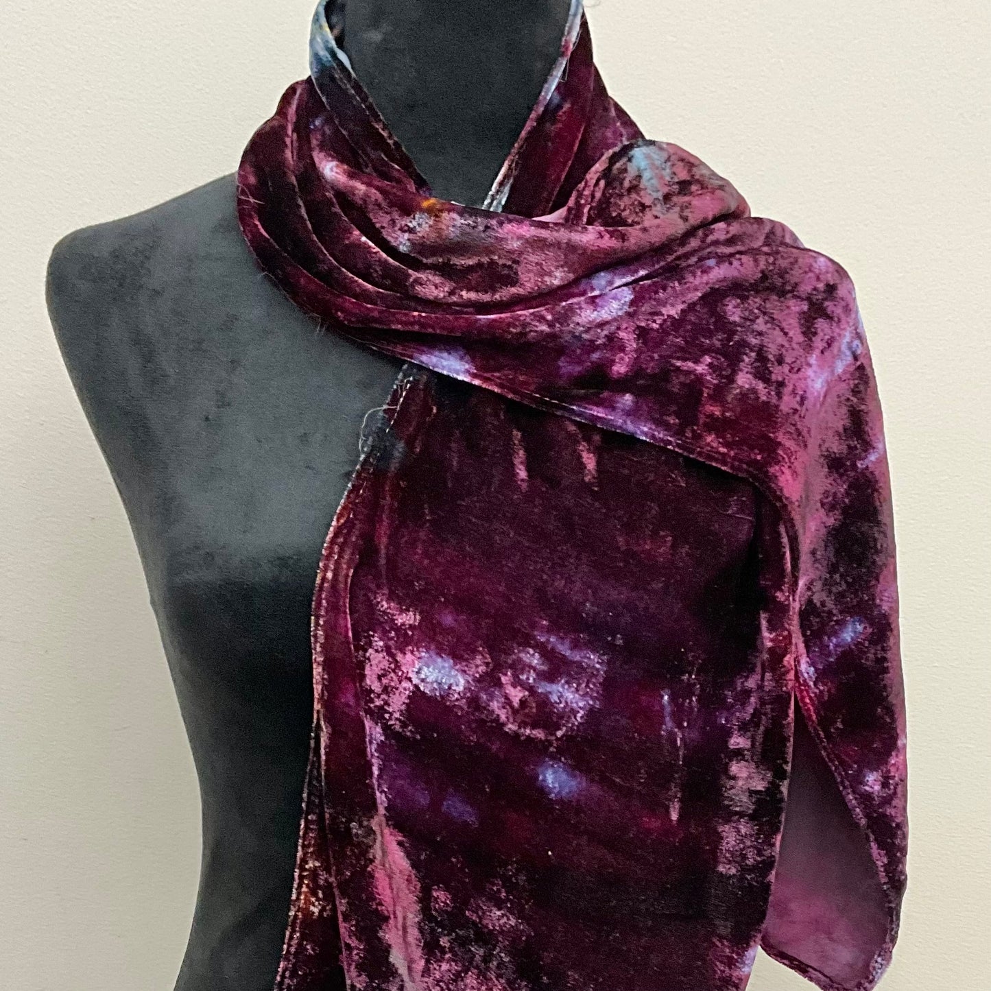 Ice Dyed Silk Velvet Scarf - Black Cherry Colorway, small no fringe