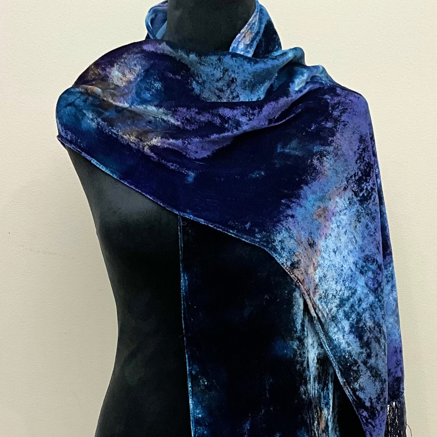 Ice Dyed Silk Velvet Scarf - Moody Blues Colorway Large with Fringe