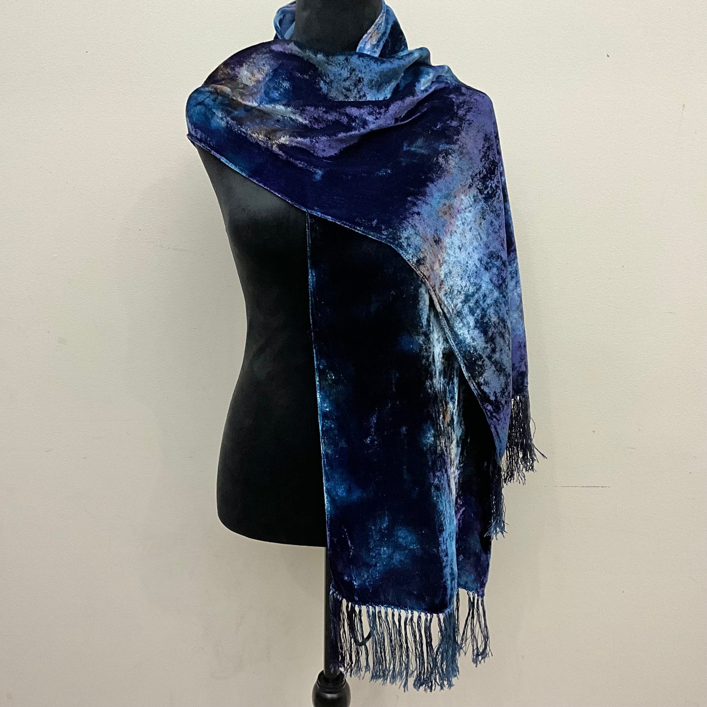 Ice Dyed Silk Velvet Scarf - Moody Blues Colorway Large with Fringe